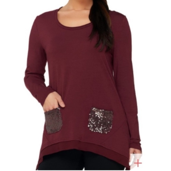 LOGO by Lori Goldstein relaxed fit sequins pockets tunic top green scoop neck SM - Picture 11 of 11